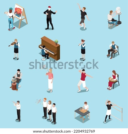 Art school isometric set with adults and teenagers playing musical instruments dancing doing pottery singing isolated on light blue background vector illustration