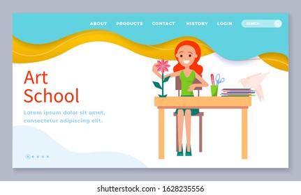 Art school landing page with smiling pupil sitting at desktop with books. Girl character learning to do papercut flower, scissors and pencils. Website or webpage template, app slider flat style vector