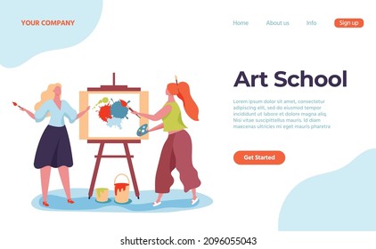 Art school landing web page, artist and teacher. Vector art education school page, class learning illustration concept