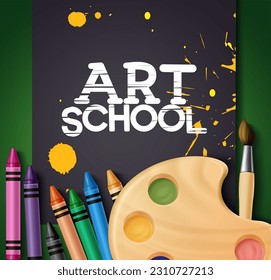 Art school materials vector design. Black canvas with art school text and splash of yellow watercolor and painting elements. Vector illustration of art concept.