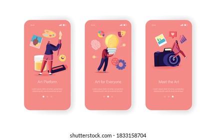 Art School Mobile App Page Onboard Screen Template. Tiny Characters with Huge Equipment for Creative Idea and Self-expression Paints, Photo Camera, Bulb Concept. Cartoon People Vector Illustration