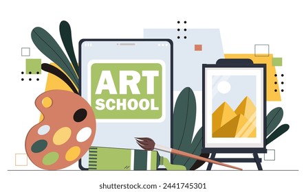 Art school online concept. Paingtings and paintbrushes and canvas. Creativity and art. Workshop and studio equipment for artists. Cartoon flat vector illustration isolated on white background