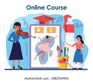 Art school online service or platform. Student holding art tools. Music instrument playing, dancing, acting and sculpting classes. Online course. Flat vector illustration