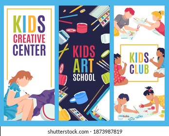 Art school, paint hobby for kids character with watercolor, pencil poster set, vector illustration. Craft education, creativity drawing by paintbrush. Preschool children make crafts at kindergarten.