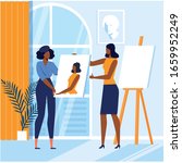 Art School, Painting Studying Vector Illustration. Talented Student and Teacher, Professional Painter Cartoon Characters. Young African American Woman Holding Self Portrait. Drawing Education