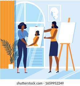 Art School, Painting Studying Vector Illustration. Talented Student and Teacher, Professional Painter Cartoon Characters. Young African American Woman Holding Self Portrait. Drawing Education