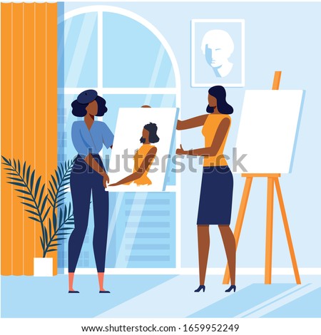 Art School, Painting Studying Vector Illustration. Talented Student and Teacher, Professional Painter Cartoon Characters. Young African American Woman Holding Self Portrait. Drawing Education