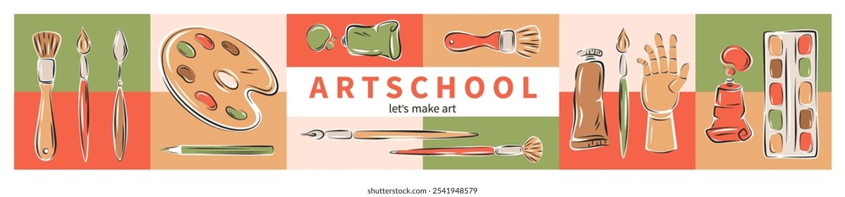 Art school. Painting tools. Set of art supplies, creative hobby accessories. Modern design poster for banner, cover, marketing. Vector illustration