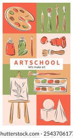 Art school. Painting tools. Set of art supplies, creative hobby accessories. Modern design poster for banner, cover, marketing. Vector illustration