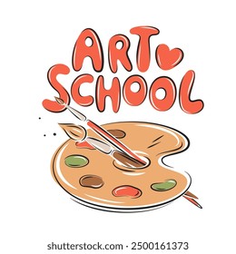 Art school. Poster design or logo for painting education. Palette and brushes. Hand drawn vector illustration isolated on white
