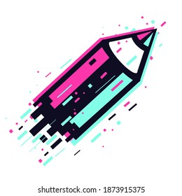 Art school poster with pencil. Glitch style image. Online education, e-learning illustration. Web study background.