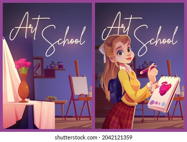 Art school posters with girl painter and studio interior with canvas, drapery and flowers in vase. Vector banners with cartoon illustration of artist class and woman student with pencil and notebook