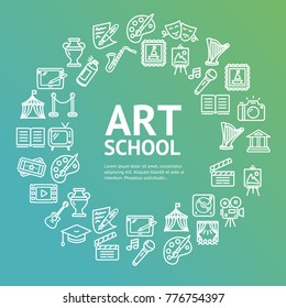 Art School Round Design Template Line Icon Concept for Ad, Web or App. Vector illustration of Creativity Entertainment