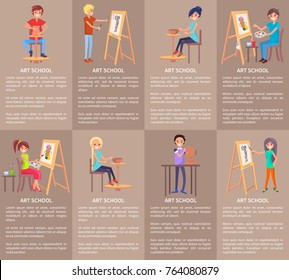 Art school set of banners with people doing pottery modeling, drawing on easel, creating pots from clay, making sculptures vector illustrations