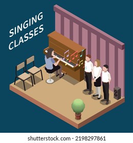Art school singing classes with teacher playing piano and three students 3d isometric vector illustration