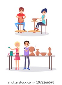 Art school students in class isolated vector illustration. Teenagers sitting at potter's wheel, happy boy making sculpture and girl working on artificial cat