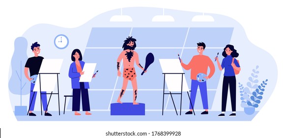 Modelo de dibujo de estudiantes de escuela de arte. Artista, hombre primitivo, clase de pintura ilustración vectorial plana. Pintura, hobby, concepto de taller para banner, diseño de sitio web o página web de aterrizaje