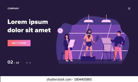Art school students drawing model. Artist, primitive man, painting class flat vector illustration. Painting, hobby, workshop concept for banner, website design or landing web page