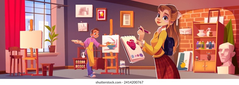 Estudiantes de escuelas de arte dibujando en estudio. Dibujo vectorial de un niño y una niña felices pintando sobre lienzo, sala luminosa con ventana grande, escultura, obras de arte en la pared, botellas en estantería