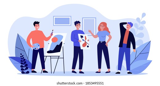 Art school students painting in studio. Drawing teacher, artwork with easel, pictures flat vector illustration. Art classes, hobby, workshop concept for banner, website design or landing web page