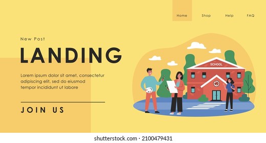 Art school students standing outside and talking. Man holding palette and paintbrush, greeting friend, woman holding painting flat vector illustration. Education, painter, friendship concept