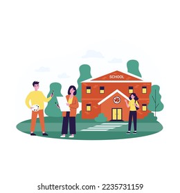 Art school students standing outside and talking. Man holding palette and paintbrush, greeting friend, woman with paintbrush flat vector illustration. Education concept