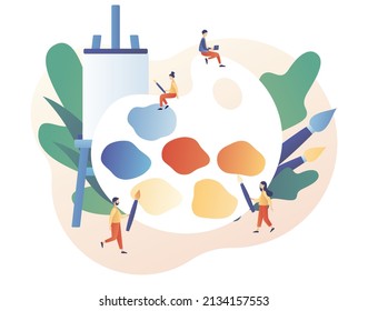  Art school or studio. Artist.Tiny people artists with big pallete, canvas on easel and brushes. Art workshop. Artist create picture. Modern flat cartoon style. Vector illustration on white background