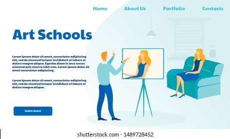 Art School, Studio Landing Page Vector Template. Professional Painter, Portraitist Website Homepage Interface Idea with Flat Illustrations. Painting Courses Web Banner, Webpage Cartoon Concept