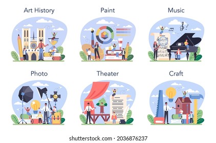 Art school subject or educational class set. Student studying art directions and techinics. Modern school education system. Painting, acting, sculpting and crafting. Flat vector illustration