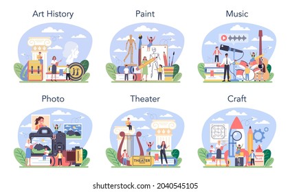 Art school subject or educational class set. Student studying art directions and techinics. Modern school education system. Painting, acting, sculpting and crafting. Flat vector illustration