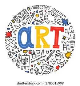 Art. School subject. Hand drawn doodles and lettering on white background. Education vector illustration.