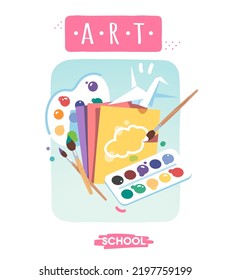 Art school subject supplies for education. Colorful watercolor paints, palette, brushes, paper educational equipment for painting learning lesson. Knowledge, study, teaching flat vector illus