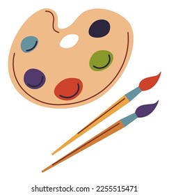 Art school supplies, isolated wooden palette for mixing colors, brushes for painting and drawing. Artwork lessons and classes, learning and studying, creative techniques. Vector in flat style