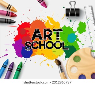 Diseño vectorial de texto de la escuela de arte. Texto de la escuela de arte con pintura acuarela con fondo de elementos artísticos. Suministros educativos de ilustración vectorial para dibujar y pintar.