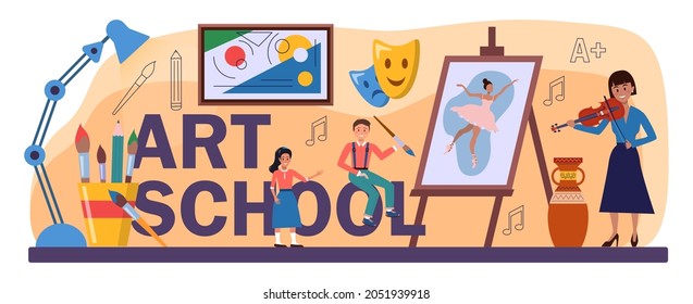 Art school typographic header. Student holding art tools learning how to draw and craft. School education, music instrument playing, dancing, acting and sculpting classes. Flat vector illustration