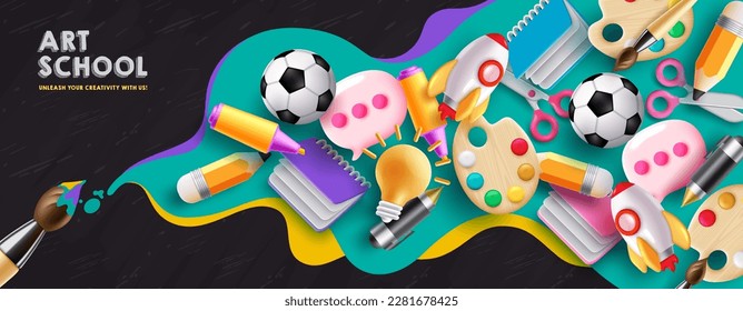 Art school vector background design. Art tools, items and educational supplies for drawing and coloring elements. Vector illustration back to school background. 