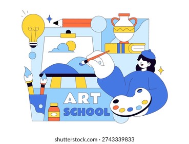Art School Vector Illustration Featuring Children Painting a Live Model or Object Using Art Tools and Equipment in Flat Cartoon Background Design