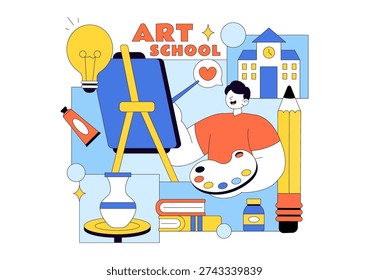 Art School Vector Illustration Featuring Children Painting a Live Model or Object Using Art Tools and Equipment in Flat Cartoon Background Design