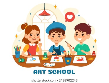 Art School Vector Illustration with Kids of Painting with Live Model or Object using Tools and Equipment in Flat Cartoon Background Design