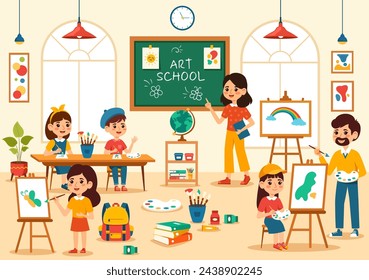 Art School Vector Illustration with Kids of Painting with Live Model or Object using Tools and Equipment in Flat Cartoon Background Design