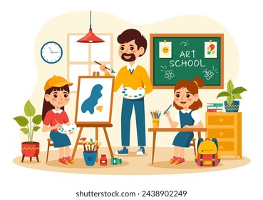 Art School Vector Illustration with Kids of Painting with Live Model or Object using Tools and Equipment in Flat Cartoon Background Design