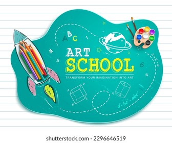 Art school vector template design. School art text in empty space with rocket ship and color pencil drawing elements. Vector illustration back to school concept design. 