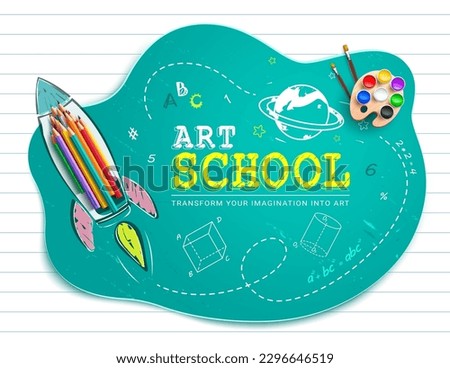Art school vector template design. School art text in empty space with rocket ship and color pencil drawing elements. Vector illustration back to school concept design. 