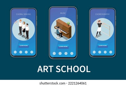 Art school vertical website banners set with teenagers singing playing piano and dancing isolated on dark background 3d isometric vector illustration