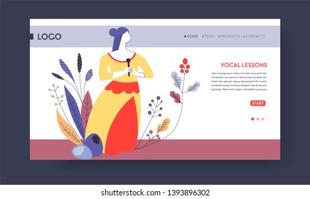 Art school vocal lesson signing up or subscription web page template vector woman singer with microphone singing hobby and skill education online video classes and lessons Internet site mockup