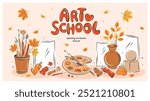 Art school. Workplace, drawing on canvas, artistic stuff. Poster design for painting education. Painters stationery. Vector illustration