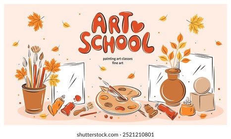 Escola de artes. Local de trabalho, desenho sobre tela, coisas artísticas. Cartaz de design para pintura de educação. Papelaria de pintores. Ilustração vetorial