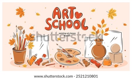 Art school. Workplace, drawing on canvas, artistic stuff. Poster design for painting education. Painters stationery. Vector illustration