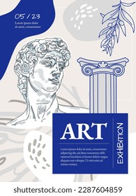 Art of Sculpture. Creative flyer or poster concept with abstract geometric shapes and ancient statues, pillar, bust. Roman and Greek vector illustration. Poster for the exhibition, magazine or cover