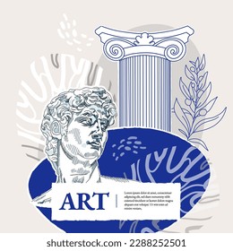 Art of sculpture. Creative square post concept with abstract geometric shapes and Ancient sculptures. Roman and Greek vector illustration. Art posters for the exhibition, magazine or cover